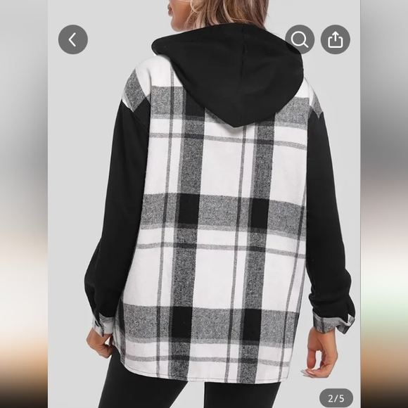 Women's Hooded Flannel Button Up Shirt Blk/White NWOT - Picture 2 of 6
